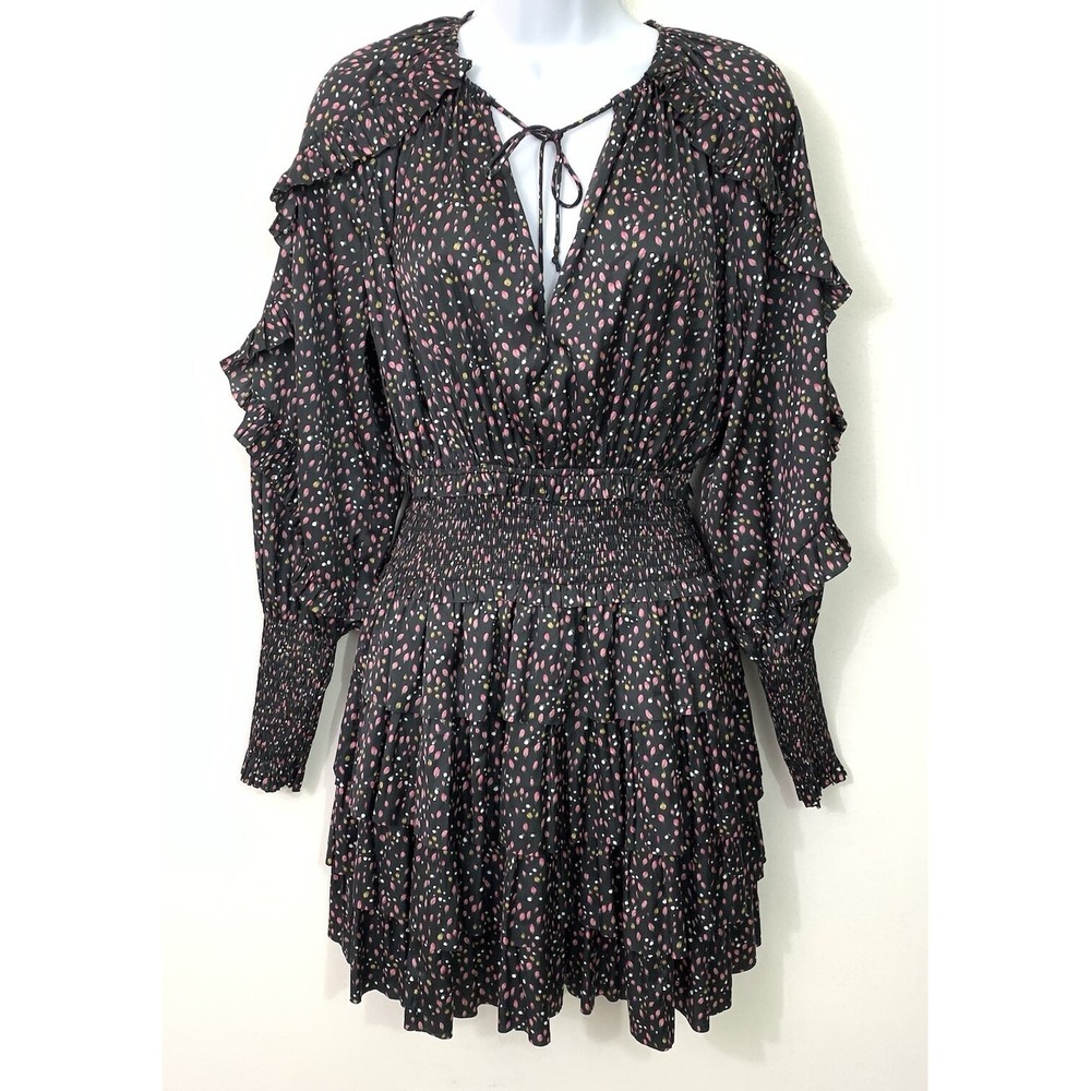 Ulla Johnson Dress Ruffled Mini Long Sleeve Floral Black Stretch Size 2